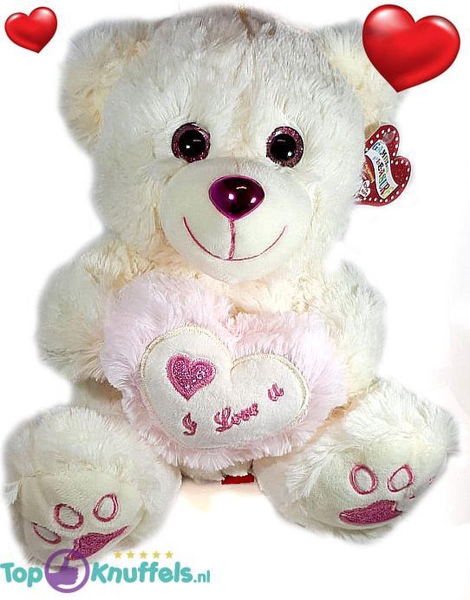 Witte Teddybeer met licht roze/wit hart I Love U 32 cm | knuffelbeer pluche knuffel love beer | Ik Hou Van Jou / I Love You bear | Beertje met hart liefde | Baby plush beer met hartje 32cm